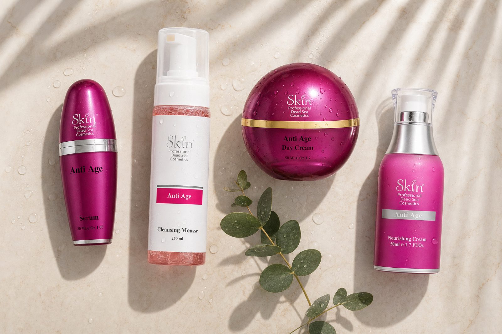 Flat-lay of the four-step Dead Sea anti-age skincare routine