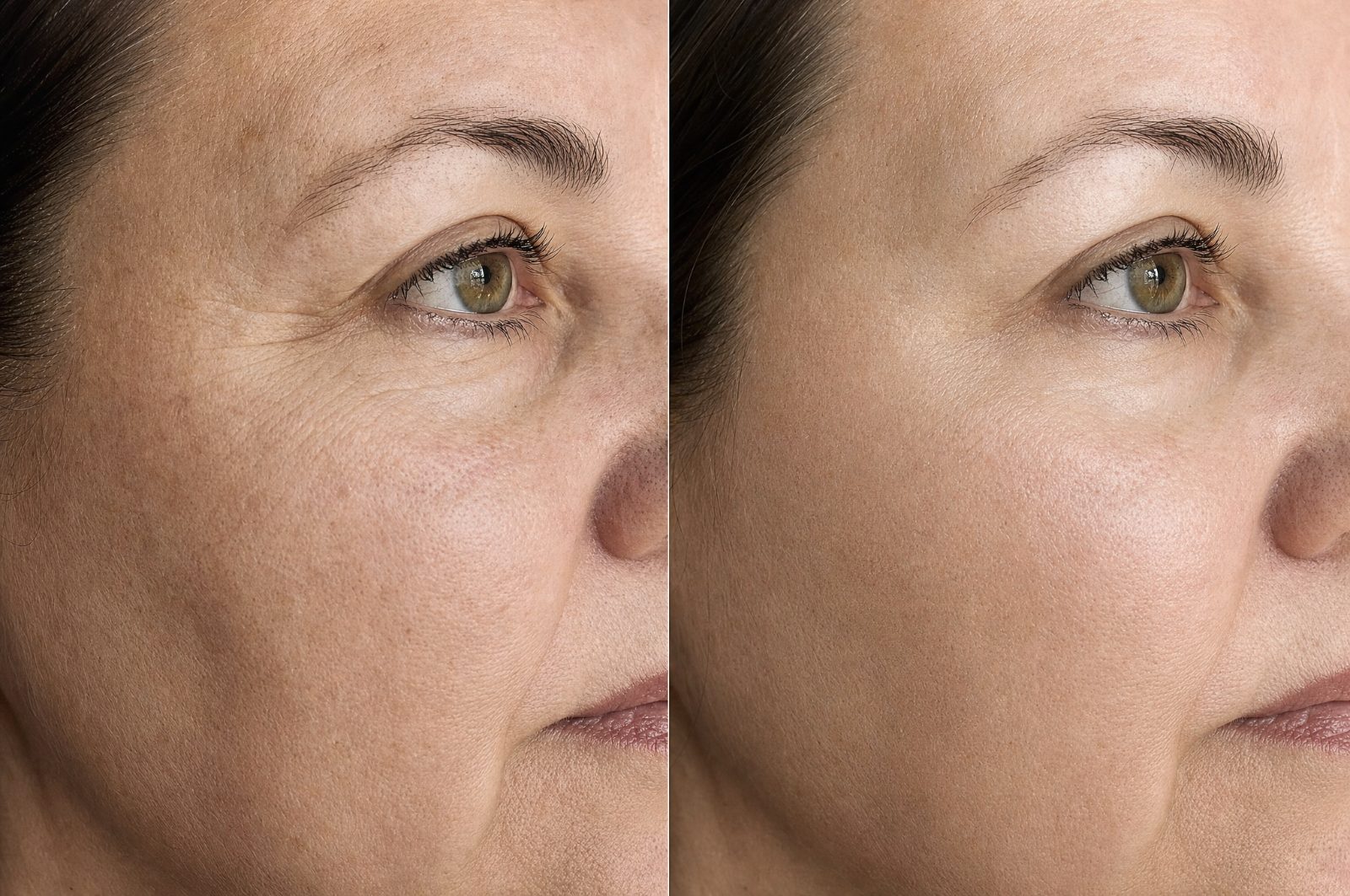 Before and after comparison showing smoother under-eye and cheek skin