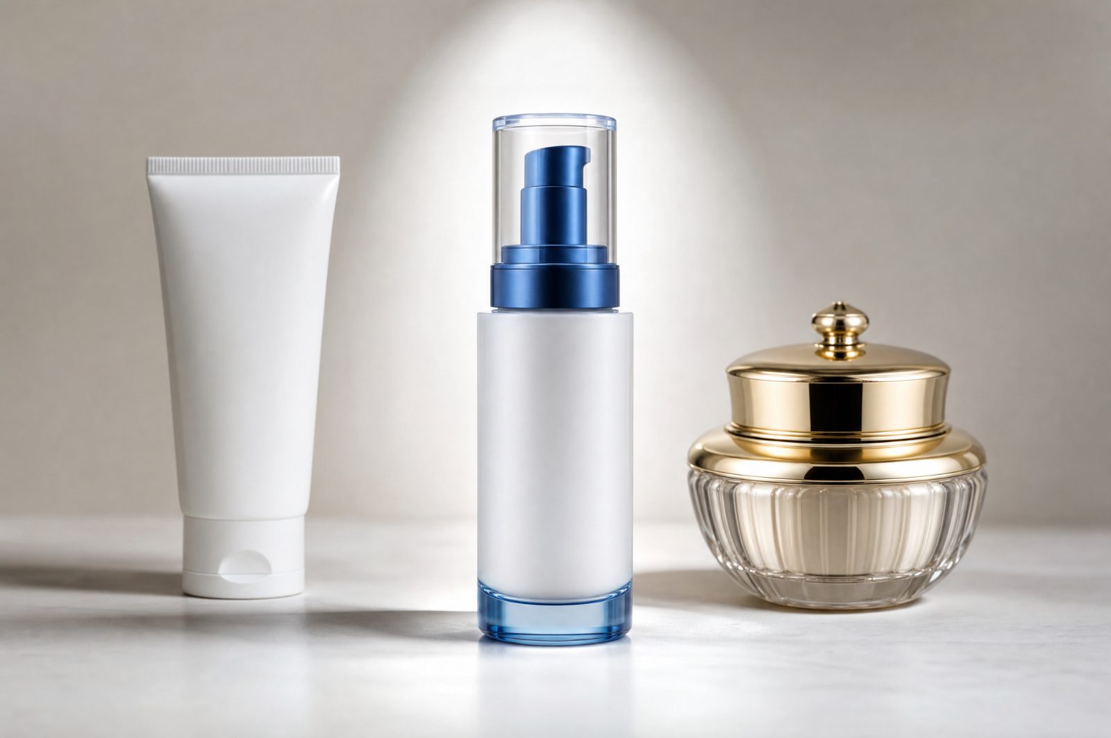 Three skincare products: cheap drugstore, luxury jar, and a modern middle option