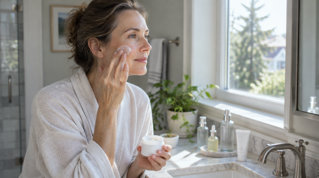 Woman applying an anti aging cream without retinol by a sunlit bathroom window