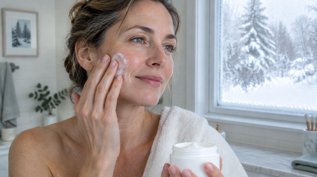 Woman over 40 applying a rich moisturizer for dry skin to her face on a winter morning