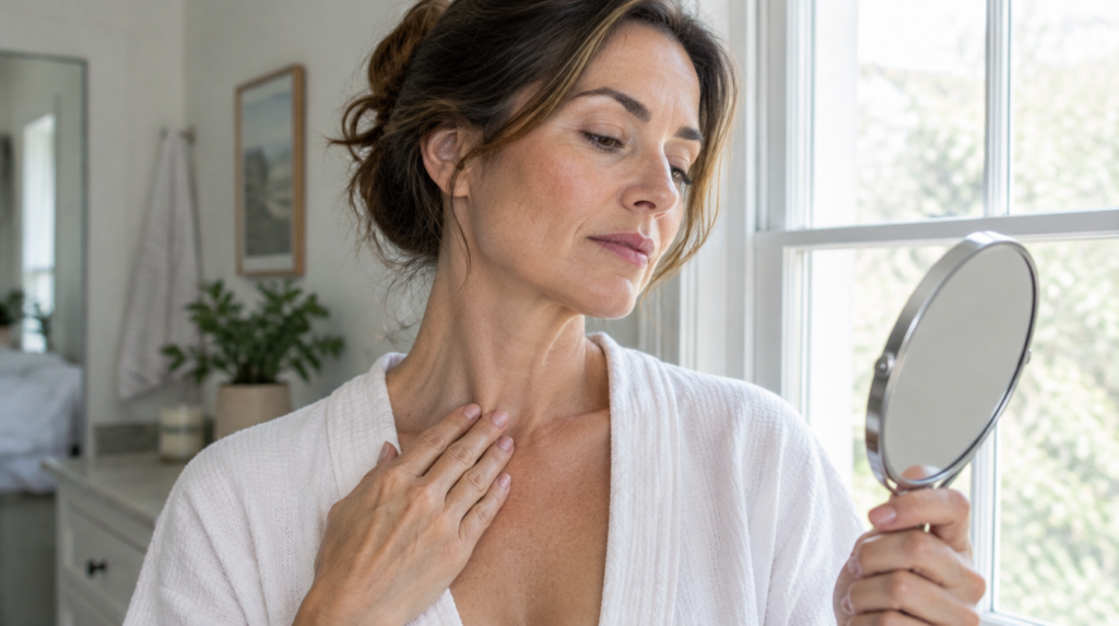 Woman around 40 checking crepey neck skin in a hand mirror by a window