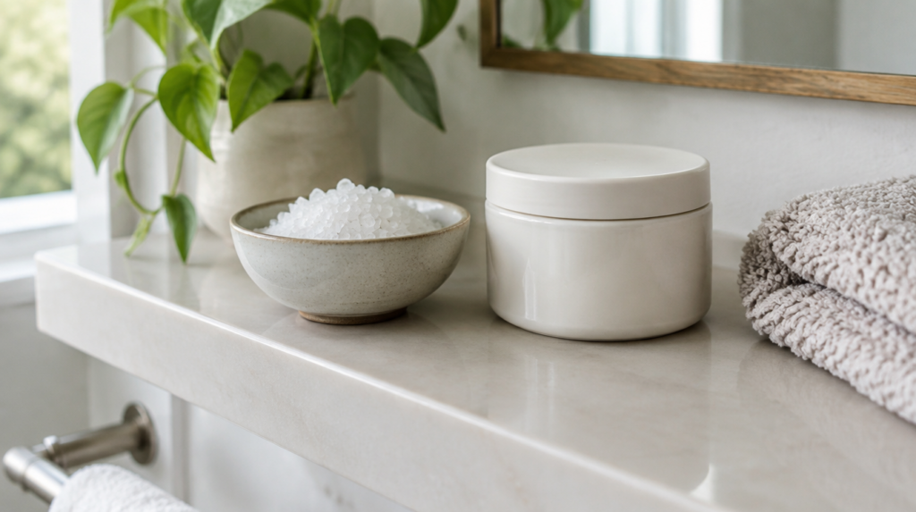 Bowl of mineral salt crystals and a jar of cream on a bathroom shelf
