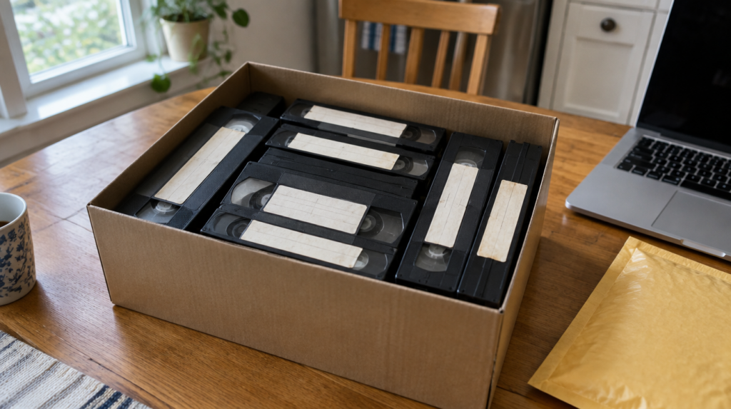 Box of old VHS tapes on a kitchen table, ready to digitize at Costco or mail out
