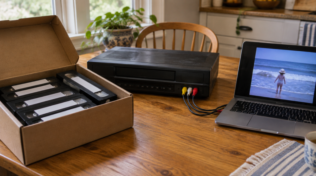 Box of old VHS tapes next to a VCR connected to a laptop, ready to digitize