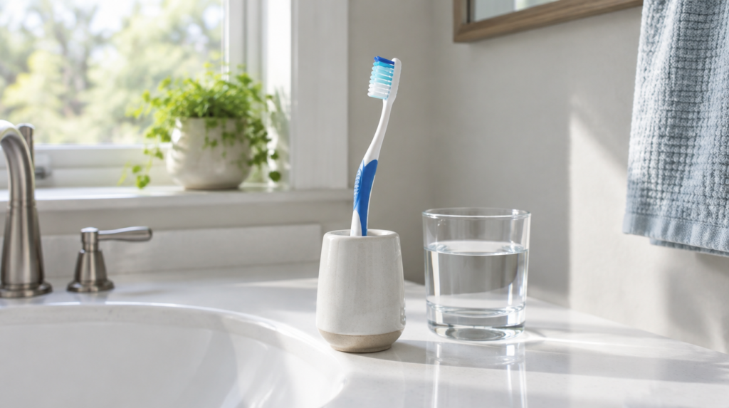 Toothbrush standing upright and uncapped in a holder by the bathroom sink, the simplest way to keep it clean