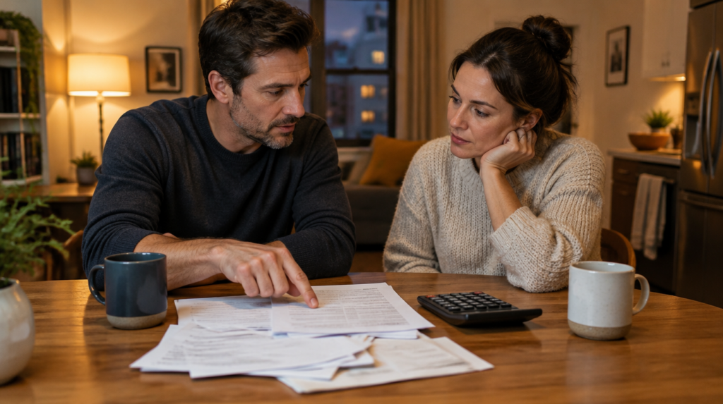 Couple at a kitchen table going over household bills with a calculator, deciding how to split bills as a couple