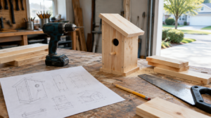 Wooden birdhouse built from a printed woodworking plan on a garage workbench