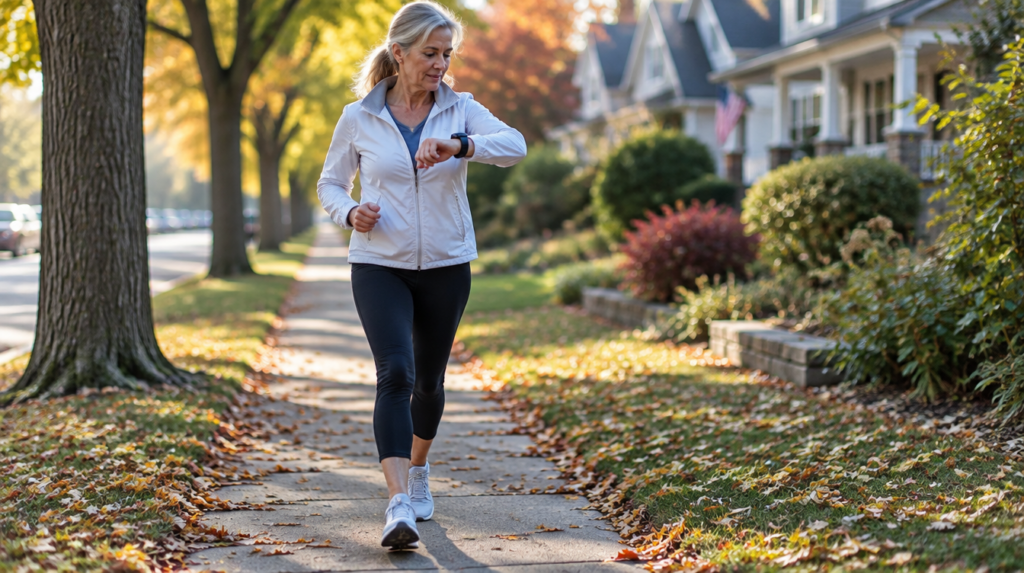 Woman in her fifties walking briskly on an autumn sidewalk and checking her fitness watch