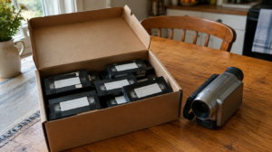 Box of old camcorder tapes with handwritten labels next to a vintage camcorder on a kitchen table