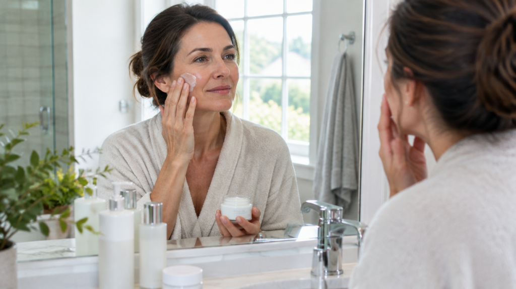 Woman in her 40s applying moisturizer in a bathroom mirror as part of a skincare routine for women over 40