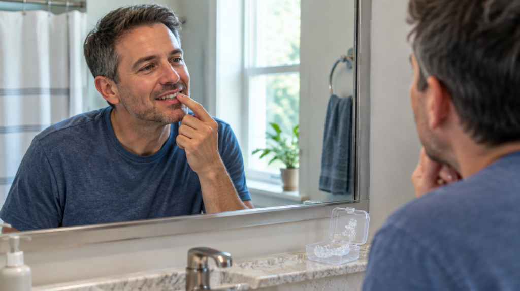 Man checking the gap in his smile in a bathroom mirror, a removable dental appliance case on the counter