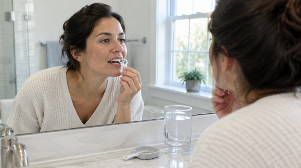 Woman checking her gums and front teeth in a bathroom mirror before trying snap-on veneers