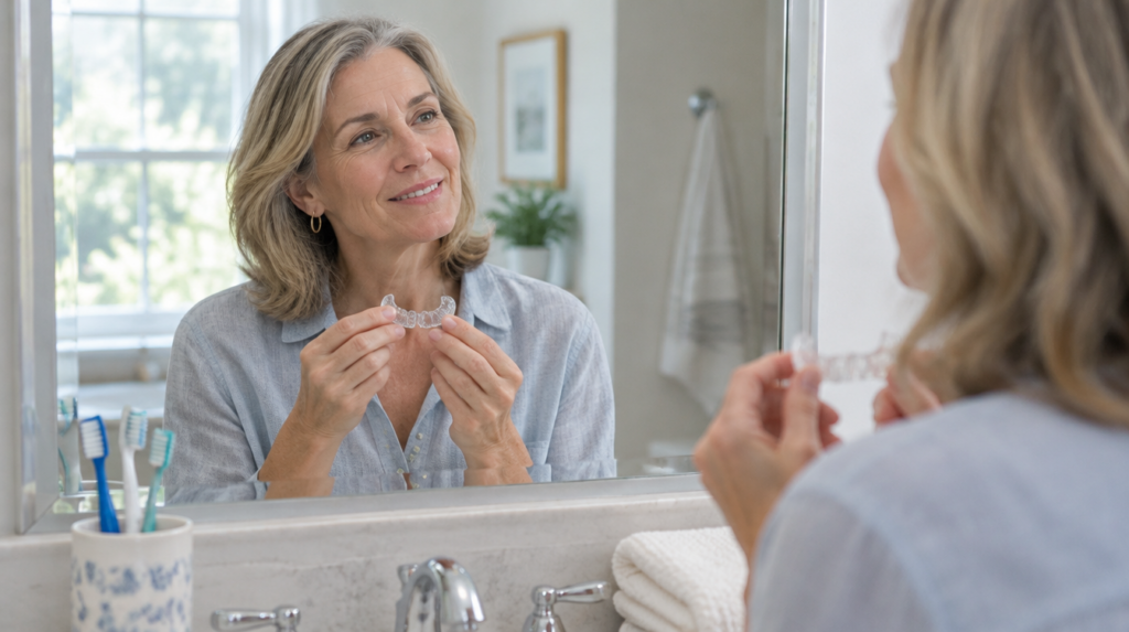 Woman at a bathroom mirror holding a clear dental tray, weighing snap on veneers vs dentures