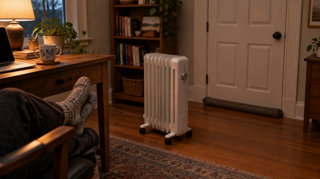 Oil-filled space heater warming a home office with a draft stopper at the door