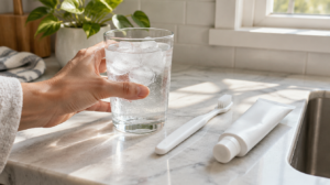 Hand reaching for a glass of ice water next to a toothbrush, the moment whitening sensitivity shows up