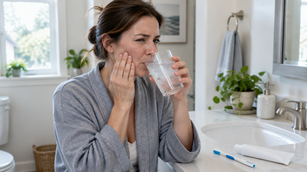 Woman wincing from tooth sensitivity while sipping ice water in her bathroom