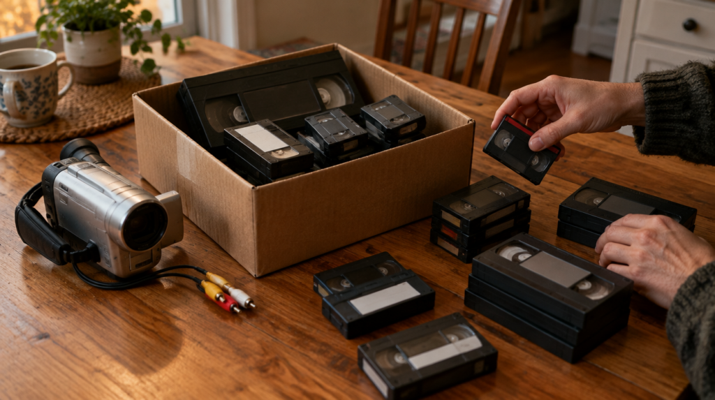 Box of old camcorder tapes being sorted by format next to a camcorder with AV cables
