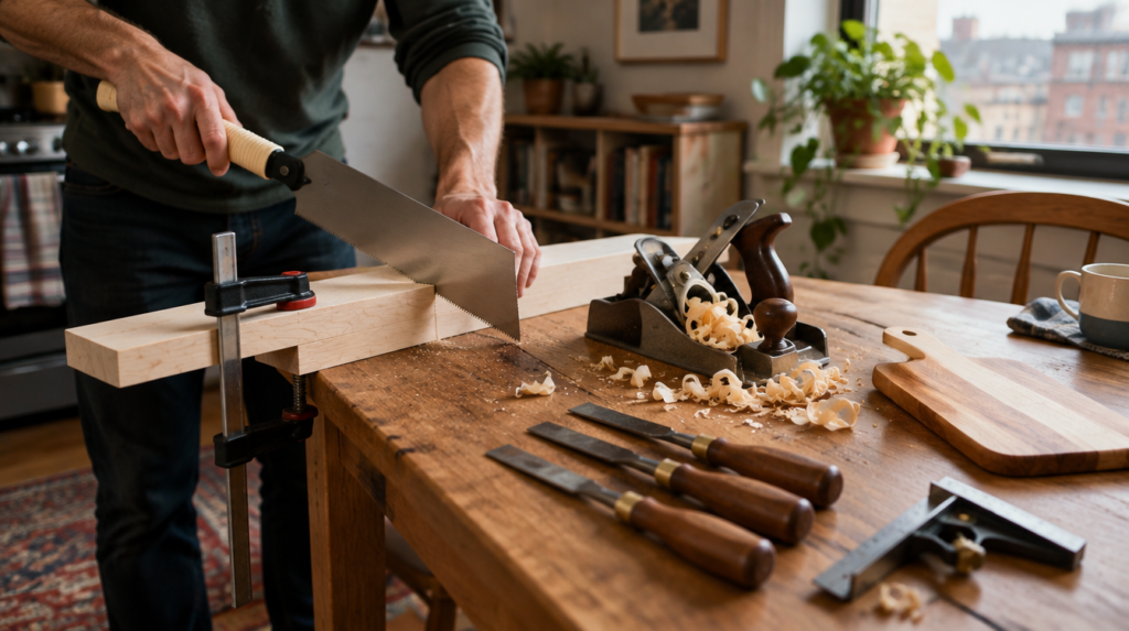 Woodworking project without power tools: pull saw cutting a maple board on a kitchen table next to a block plane and chisels